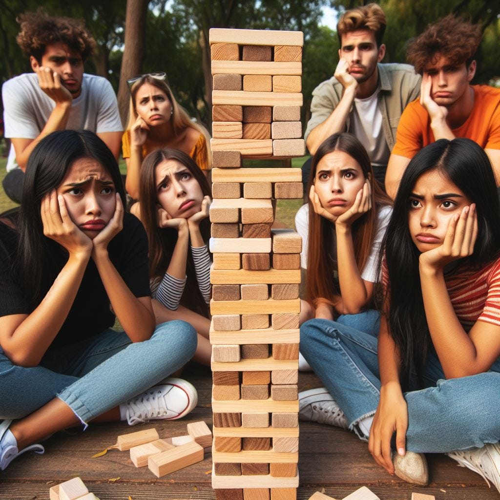Something inevitably happens. The whole thing has to collapse eventually. Diverse humans sitting around playing Jenga and looking bored because "nothing ever happens."