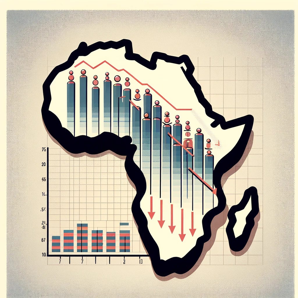 Redo the second illustration in a simplified and classic news graphic style, depicting the decreasing fertility rates in Africa, but without specific numbers. The image should feature a basic graph or chart, showing a clear downward trend in fertility rates, without specifying exact figures. The graph should have descending lines or bars, clearly indicating the decline. Set this against a plain background with a subtle outline of the African continent to keep the focus on the data trend. The overall image should convey a straightforward representation of demographic changes, in line with traditional newspaper and magazine graphics.