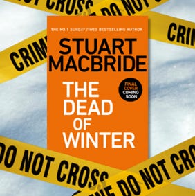 graphic with a holding cover for Stuart's book: The Dead of Winter