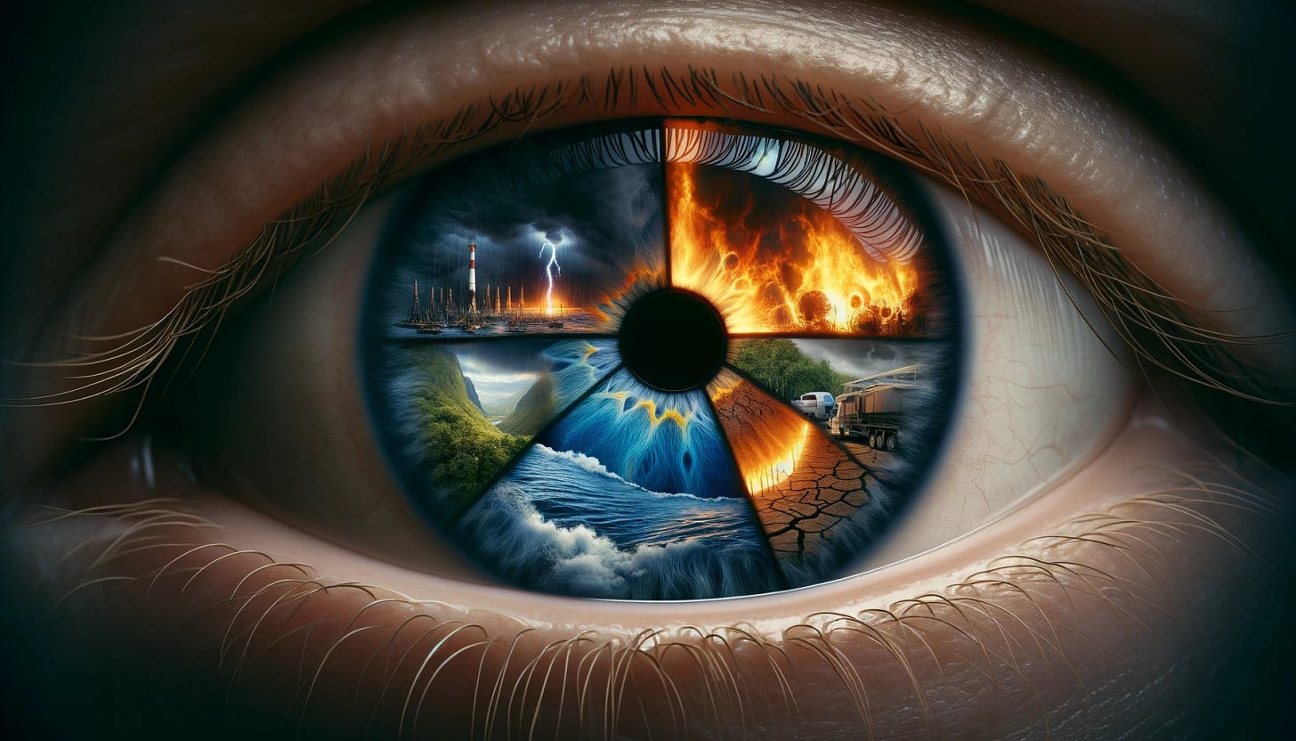 A close-up, photo-realistic 4K image of a human iris in dramatic lighting, resembling a pie chart within the pupil. Each section of the iris should vividly depict different crises: one section shows forest fires, another shows flooding, a third depicts desertification, and a fourth illustrates war. This artistic representation should emphasize the detailed texture of the iris and the striking thematic divisions, captured in a wide aspect ratio to highlight the detail and intensity.