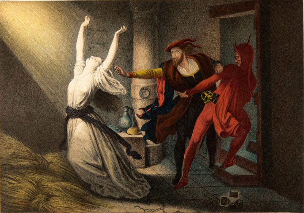 Mephistopheles guiding Faust away from Margaret as she is about to be executed