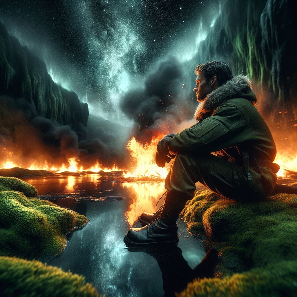 Hyper realistic; Tilt Shift;Close up heroic mans face sitting by fire in army green boots. Border green moss cave, and reflecting water.vast distance. black sky pouring in like smoke full of stars.reverberating air like water undulates from top to bottom. Occlusion. Ethereal. Luminescent                             ethereal