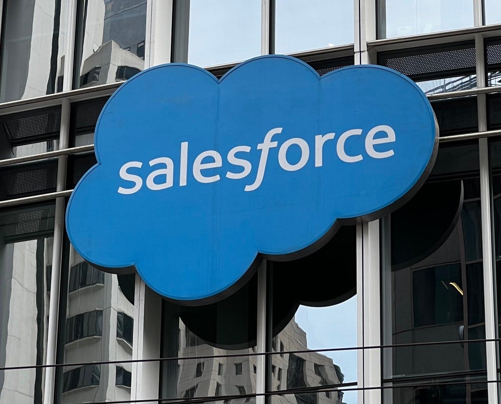 Salesforce logo on the side of Salesforce Tower in San Francisco in 2022.