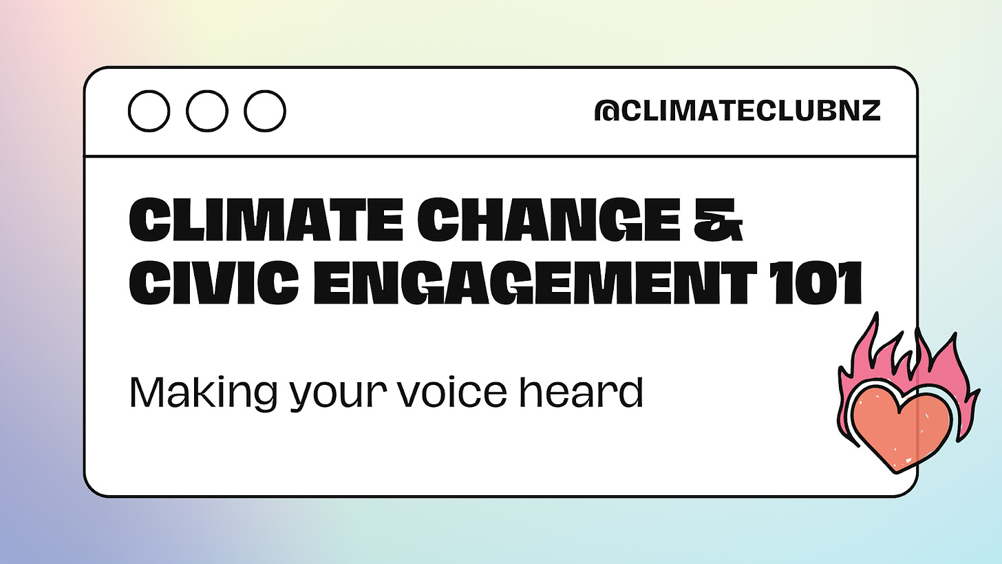 A slide saying “Climate change & civic engagement 101: Making your voice heard” with a soft rainbow gradient background and a scribbly flaming heart in the corner