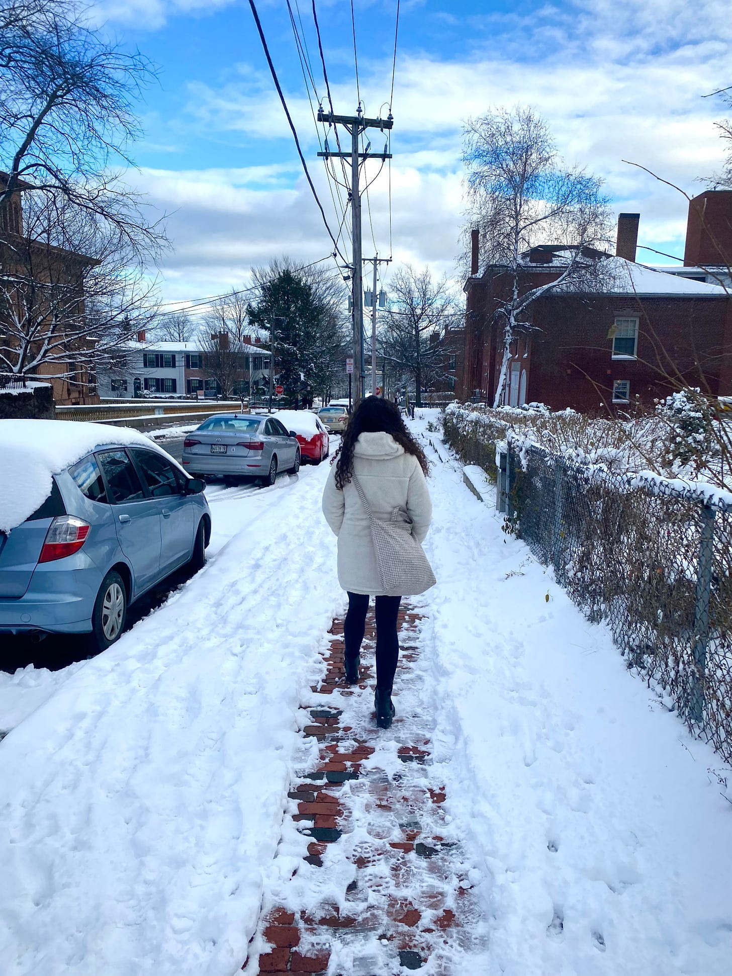 The photo is from behind Isa, who is wearing black pants and boots, a white jacket and white crossbody bag. She's walking down a brick sidewalk that's covered in snow. To her left, parked cars are covered in snow. To her right, a yard is full of snow. Powerlines run overhead, and the sky is partly cloudy.
