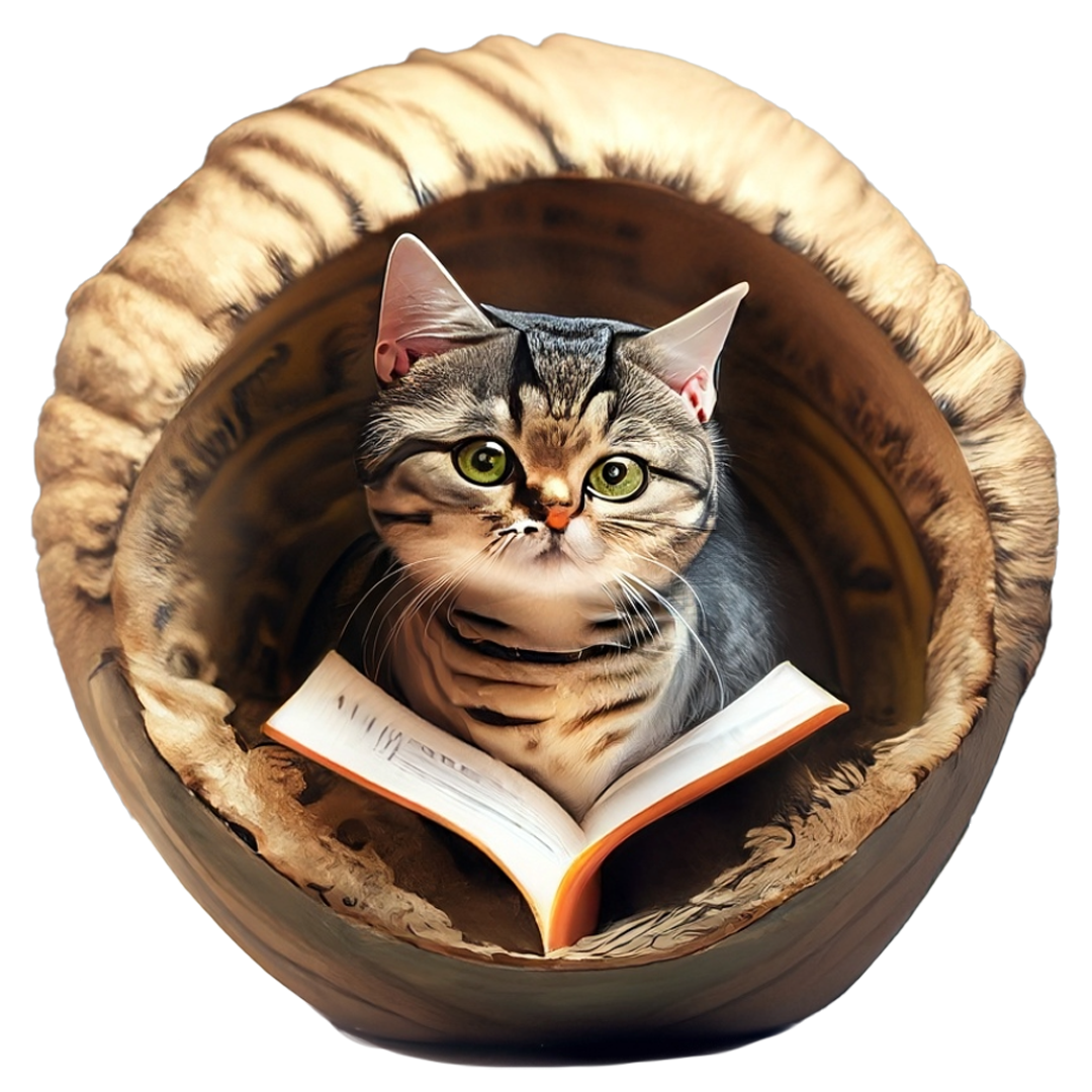A cat reading in a nutshell