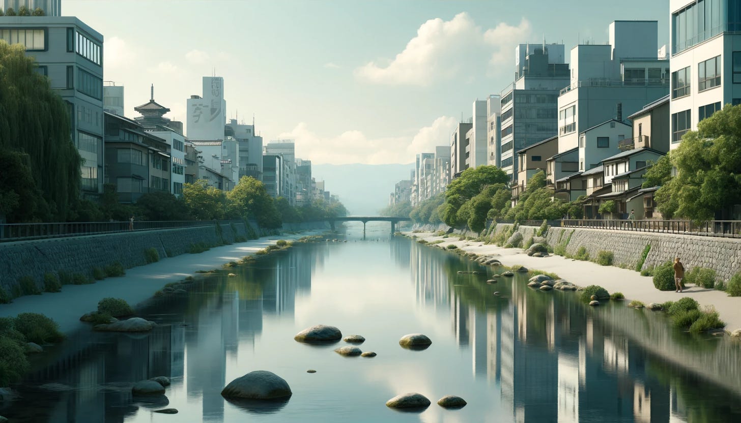 Imagine a serene and minimalist scene of the Kamo River in Kyoto, capturing its essential role and tranquility in the heart of the city. Visualize a clear, calm day where the gentle flow of the river reflects the sky, surrounded by the subtle presence of the city's architecture, blending modern with traditional. Few elements are present to keep the design clean and sophisticated. Include hints of greenery along the riverbanks to emphasize the natural aspect amidst the urban environment. This image is intended to convey the quiet importance of the Kamo River to Kyoto, providing a space of calm and free access for its residents. The style should be refined and minimalist, focusing on the harmony between nature and urban life, in a 16:9 ratio.