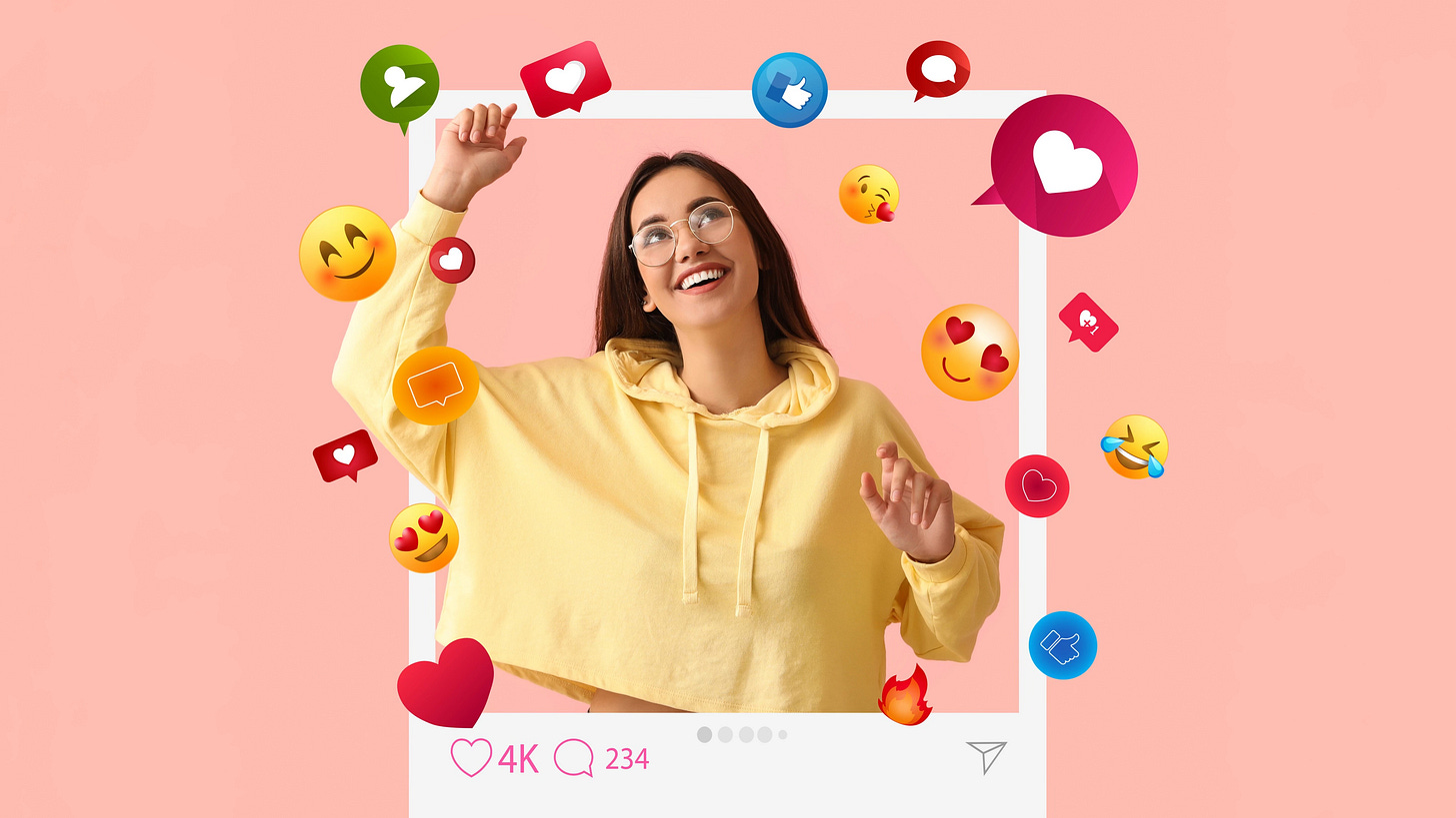  Smiling woman in a yellow hoodie surrounded by social media icons and emojis on a pink background.