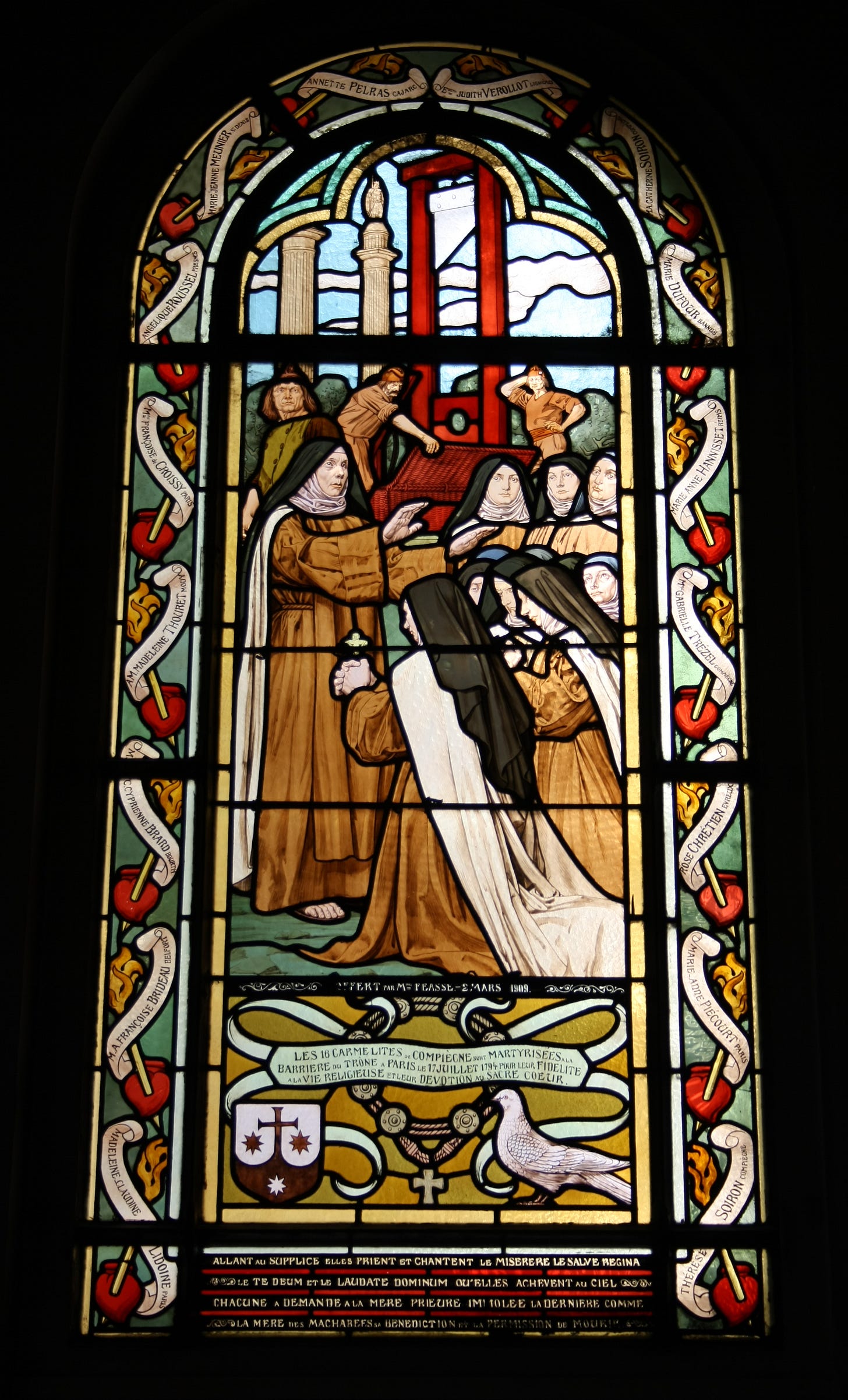 Stained glass window in the Saint-Honoré d'Eylau Church in Paris showing the Sisters of the Community of the Carmel of Compiegne, about to be executed. Stained glass window in the Saint-Honoré d'Eylau Church in Paris showing the Sisters of the Community of the Carmel of Compiegne, about to be executed.