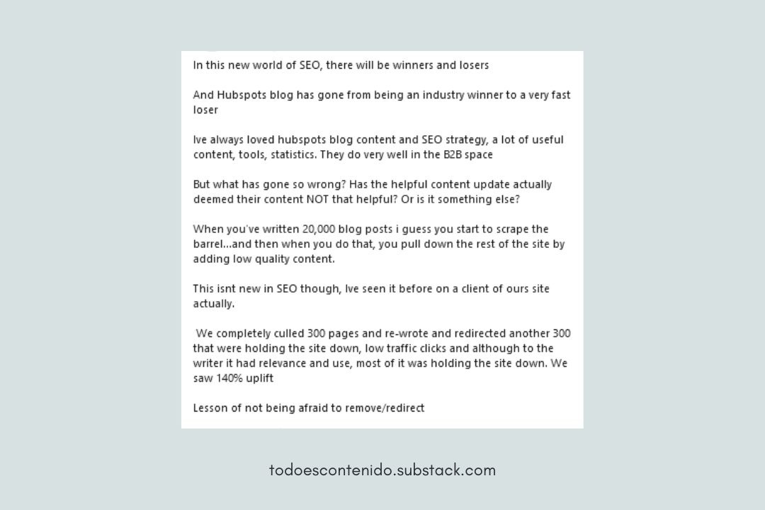 Opinión en LinkedIn acerca de la caída de tráfico del blog de Hubspot.