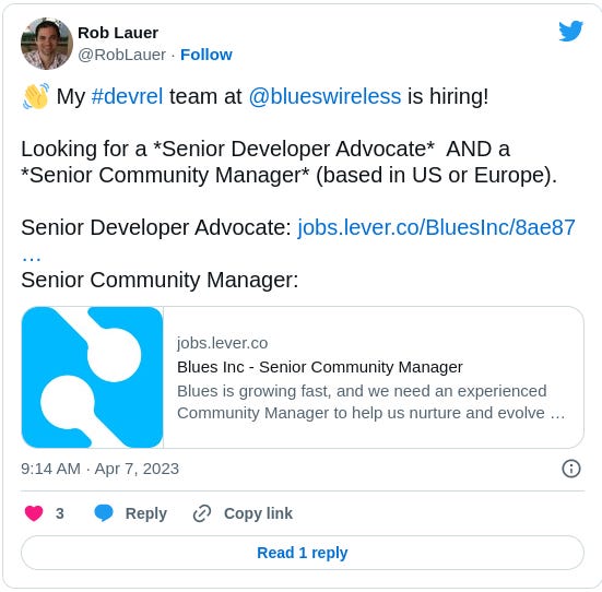 👋 My #devrel team at  @blueswireless  is hiring!  Looking for a *Senior Developer Advocate*  AND a *Senior Community Manager* (based in US or Europe).  Senior Developer Advocate: https://jobs.lever.co/BluesInc/8ae87695-ec51-49bc-9f2d-7b7557c19f20 Senior Community Manager: