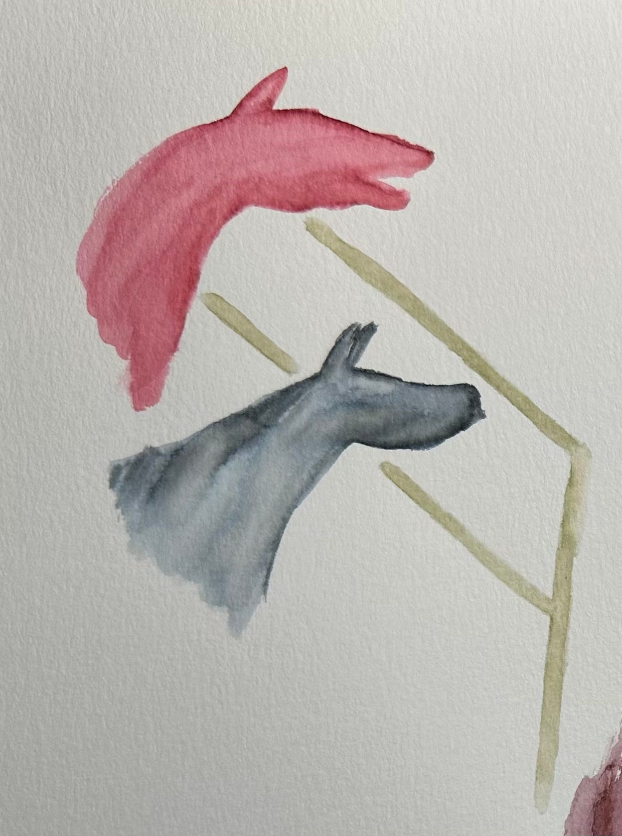 Watercolor of two horses, just their heads, without detail, looking and reaching over a metal gate.