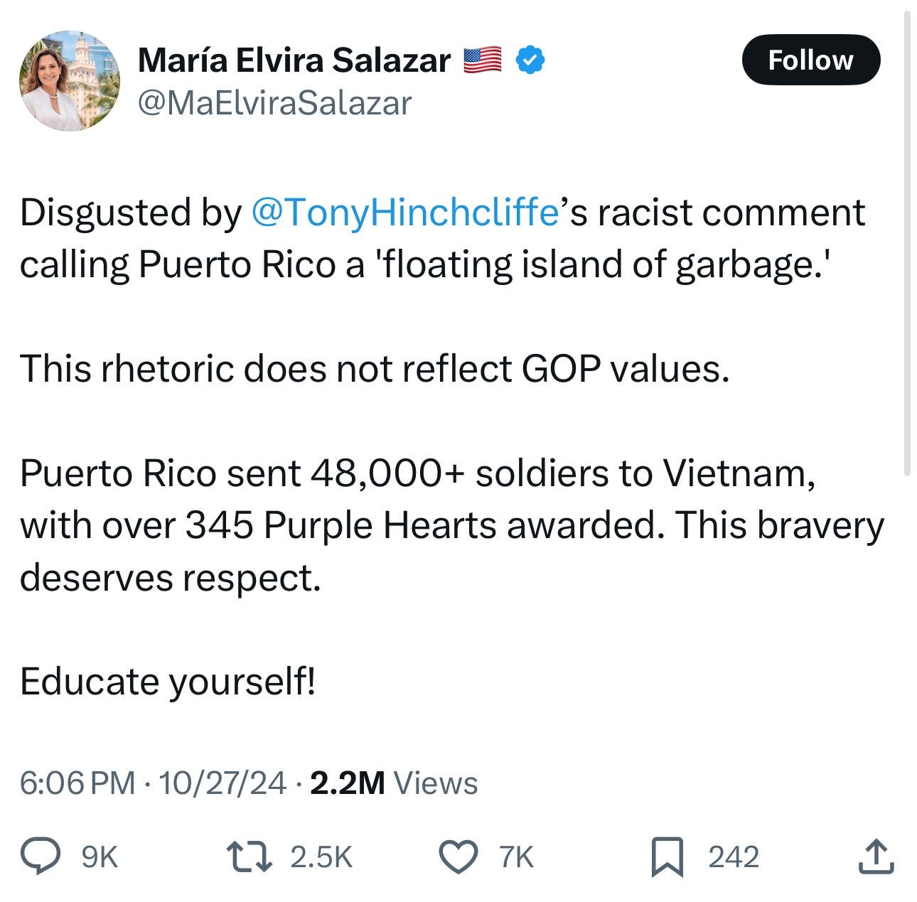 Rep. María Elvira Salazar on Twitter: “Disgusted by @TonyHinchcliffe’s racist comment calling Puerto Rico a ‘floating island of garbage.’ This rhetoric does not reflect GOP values. Puerto rico sent 48,000+ soldiers to Vietnam, with over 345 Purple Hearts awarded. This bravery deserves respect. Educate yourself!”