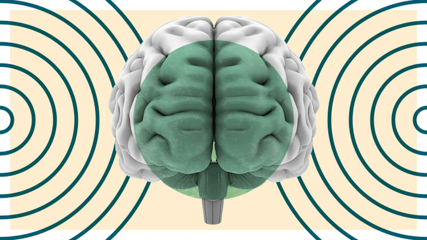 A brain image with a green circle in the center and circle waves beside