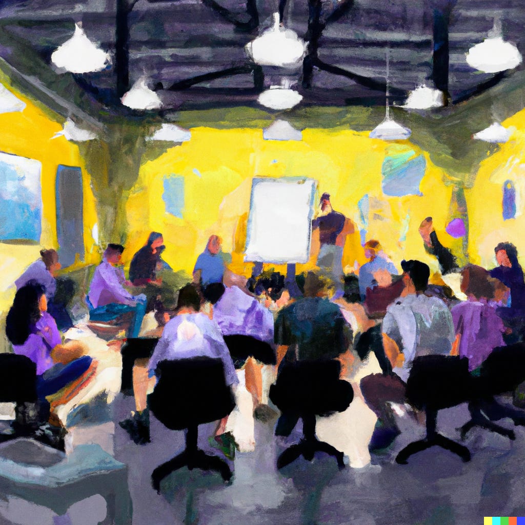 Oil painting of people seated around a table in a workroom, with a speaker standing next to an easel notepad.