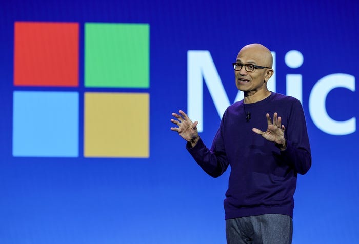 Microsoft Chairman and CEO Satya Nadella speaks during a keynote address by Walmart Inc. President and CEO Doug McMillon during CES 2024 at The Venetian Resort Las Vegas on January 9, 2024 in Las Vegas, Nevada. CES, the world's largest annual consumer technology trade show, runs through January 12 and features about 4,000 exhibitors showing off their latest products and services to more than 130,000 attendees.