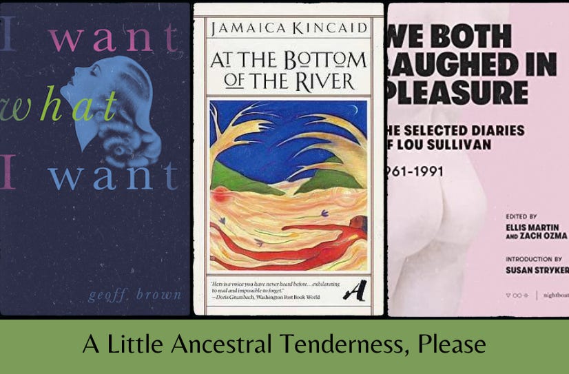 Small images of the three listed books in a row, above the text ‘A Little Ancestral Tenderness, Please’ on a green background.