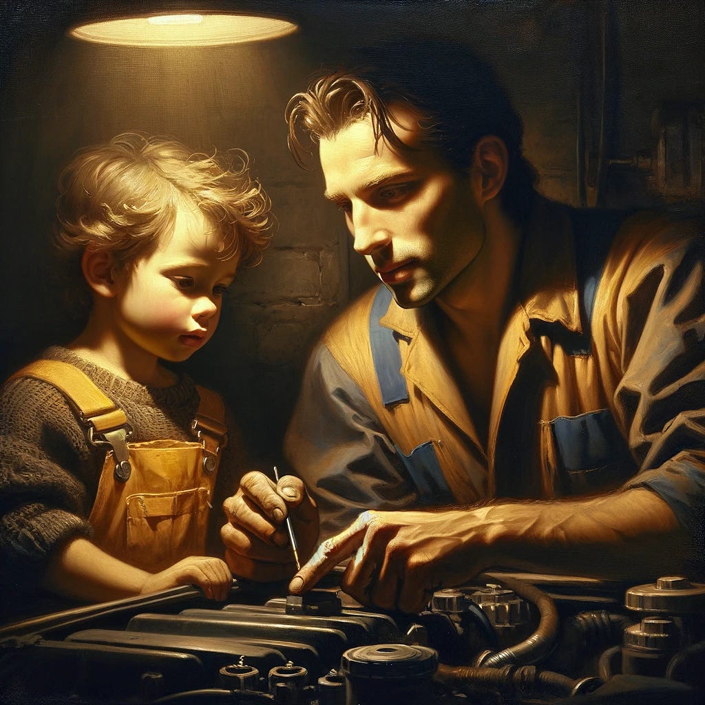 A painting in the style of Rembrandt, capturing a modern scene of a father, clean-shaven in his mid-30s with short dark hair, wearing a mechanic's jumpsuit, teaching his young son, about 8 years old with tousled hair, how to fix a car. They are in a dim garage, dramatically lit by a single overhead light that casts deep shadows and highlights on their faces and the open car engine. The scene conveys a moment of teaching and concentration. Created Using: Baroque realism, chiaroscuro lighting, emotional depth, oil on canvas texture, golden and brown tones, detailed facial expressions, glibatree prompt, dramatic visual narrative