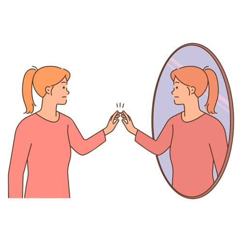 woman reaching out and touching her reflection in a mirror
