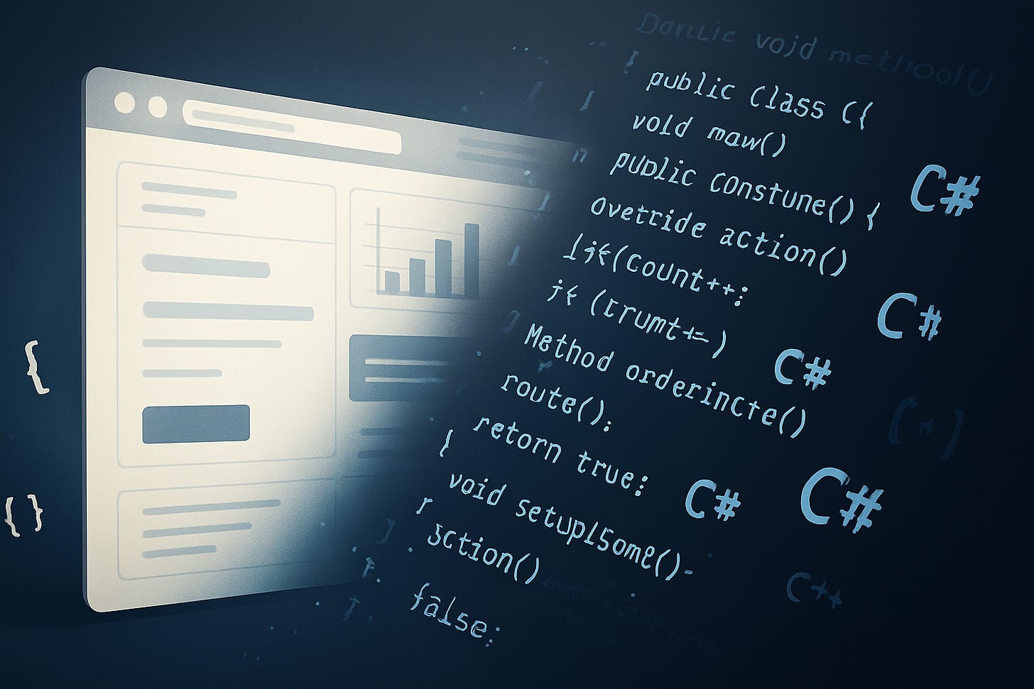 Illustration of a web interface transitioning into C# code, with dynamic contrast and syntax details.