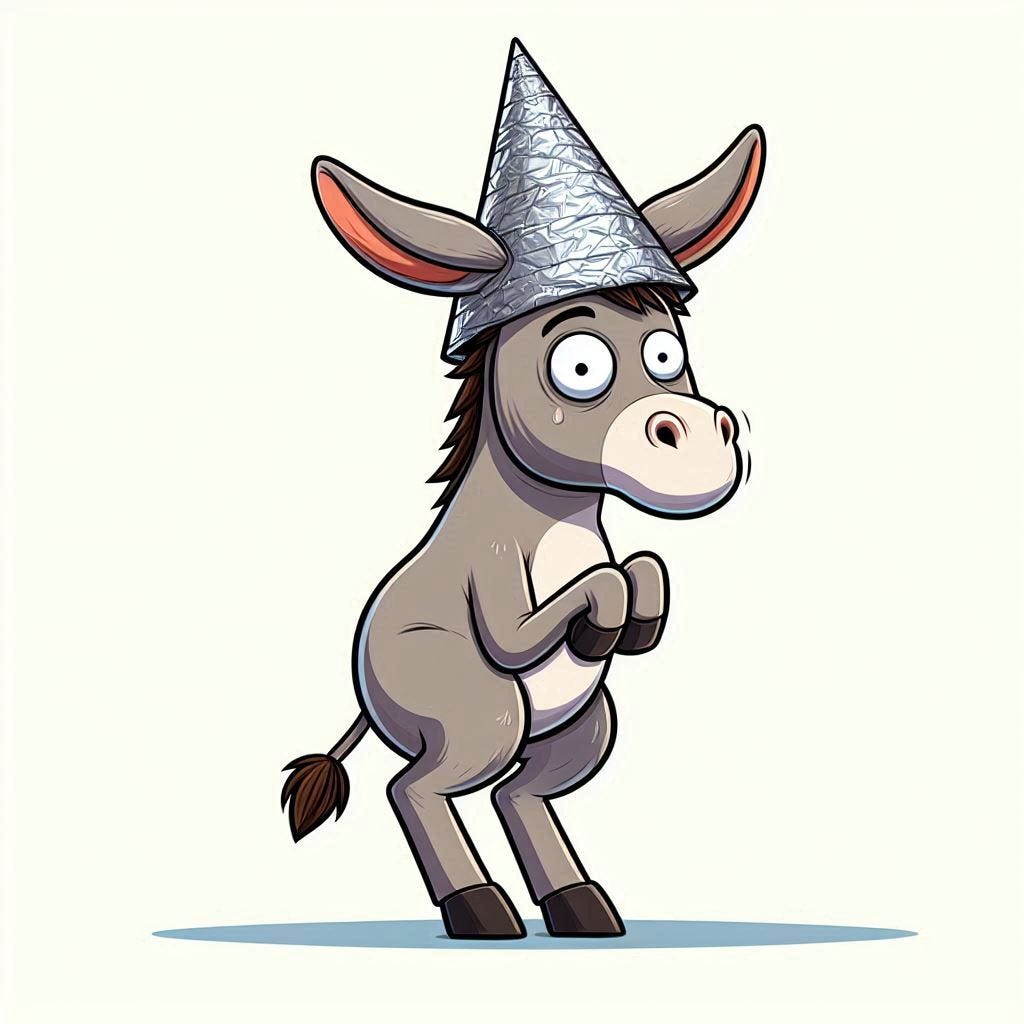 a nervous and paranoid donkey wearing a tinfoil hat, minimal background, cartoon style, full body