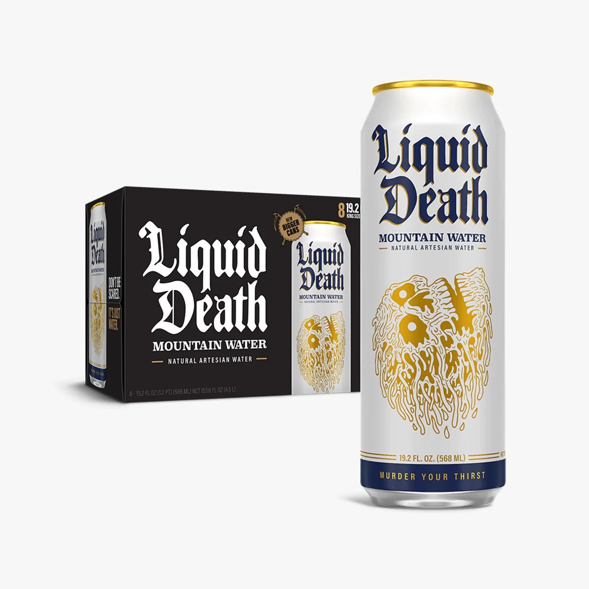 Extremely aggro cans of liquid death water.