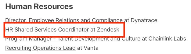 A screenshot of an HR Shared Services Coordinator job at ZenDesk that is posted on NoCommute