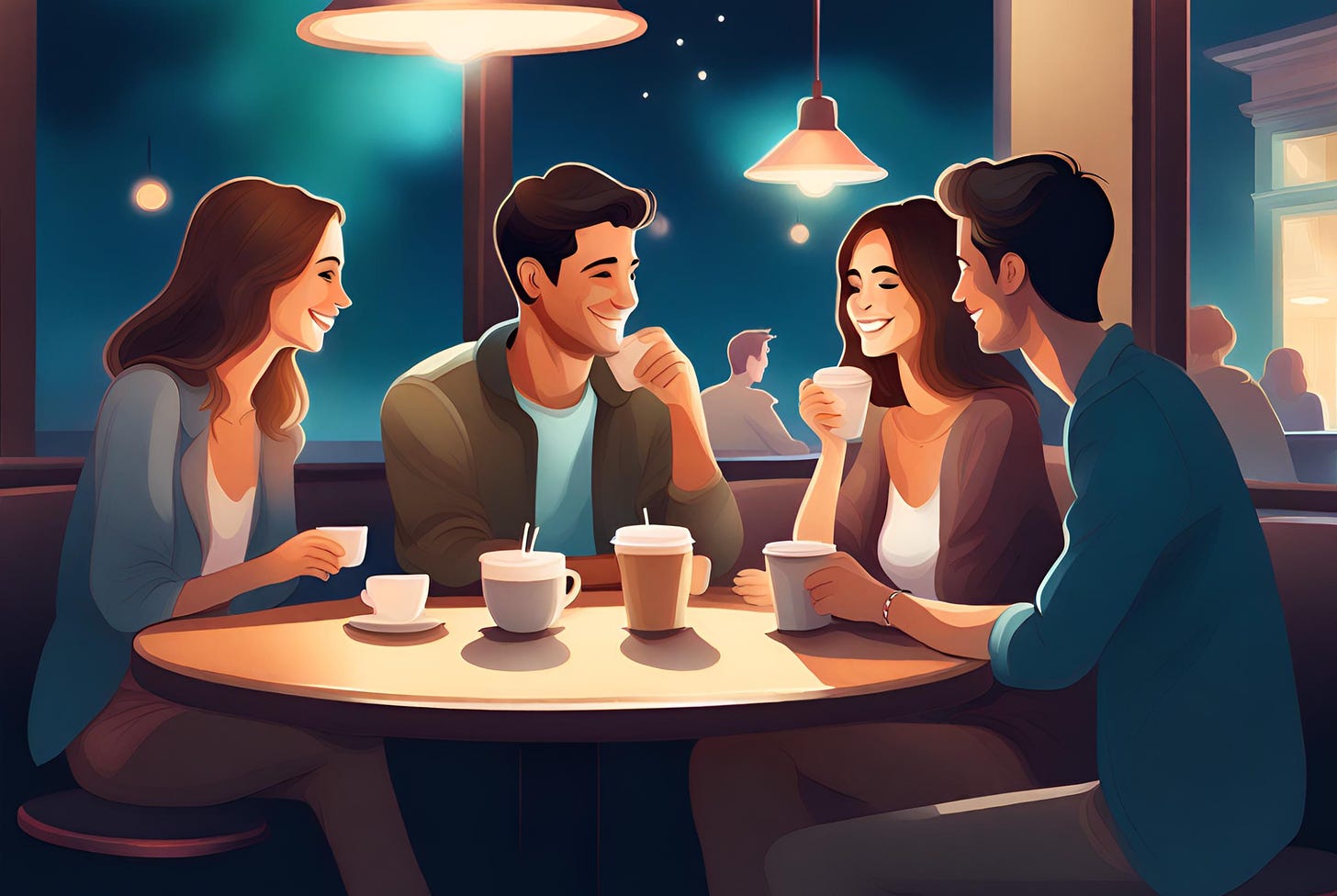 Illustration of a group of friends sitting at a table in a coffee shop