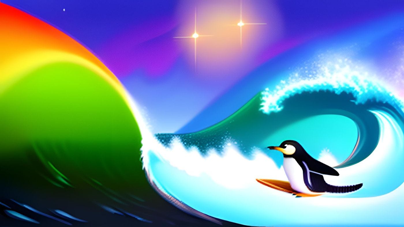 Illustration of penguin surfing on rainbow waves