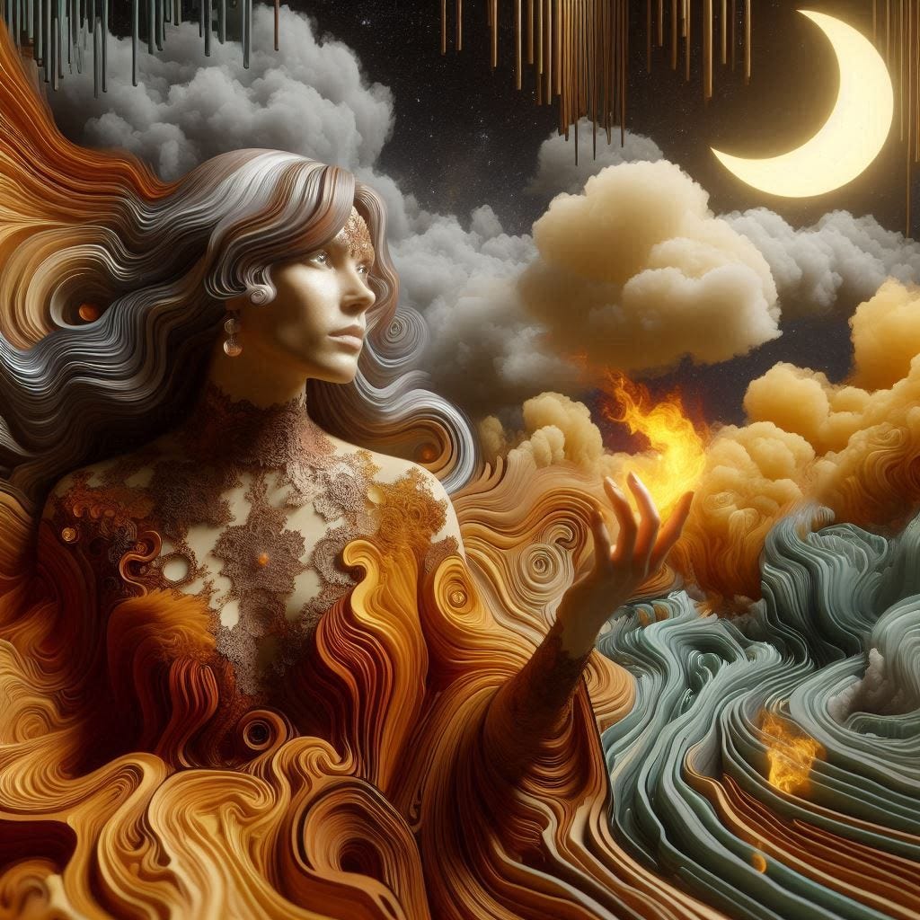  5d angle glass leaf with with a small fire in it over image of  Birchwood/rosewood middle aged  womanglows in chartreus sequence gown with brown high lace collar / her hair has lava in it / water in resin/ soft, beautiful/honey-wood and copper/ Marquetry, verdigris. mountain / fluffy cloud floating low in foreground / honey-gold-swirl/surrounded by copper pipes .REFLECTED/ Inspired by style of Jeffrey Catherine Jones /swirling clouds under moon.black starry sky / love/ bliss
