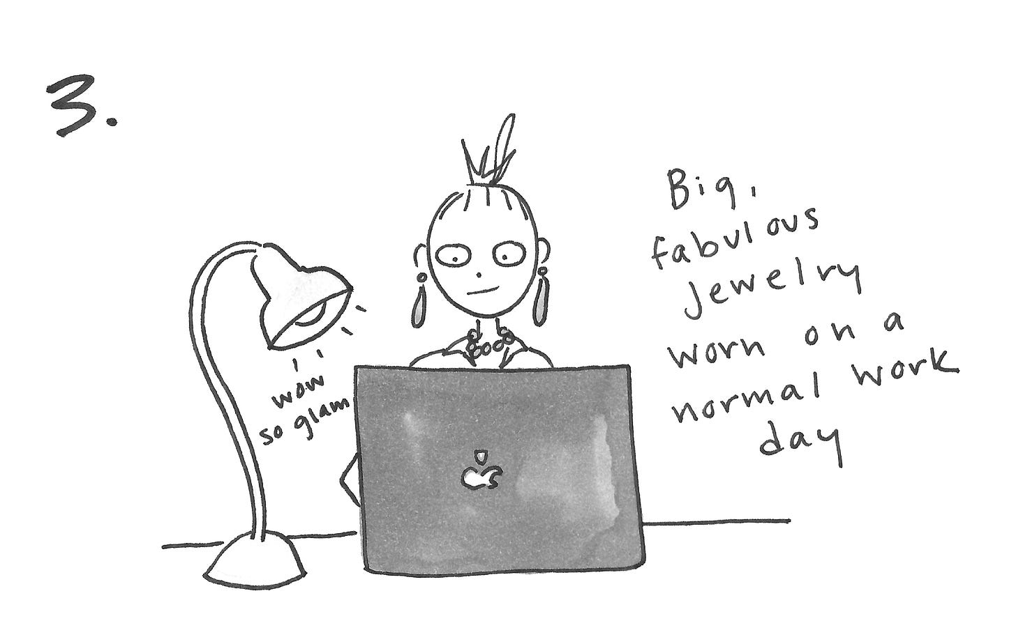 A drawing of Eliza behind her desk, tapping away at her computer, wearing dangly earrings and a big necklace.