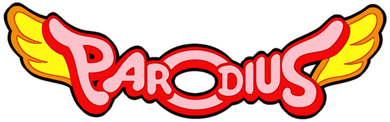 A logo for Parodius, with wings on the outside of the name, and the "O" in the middle significantly larger than the rest of the letters.