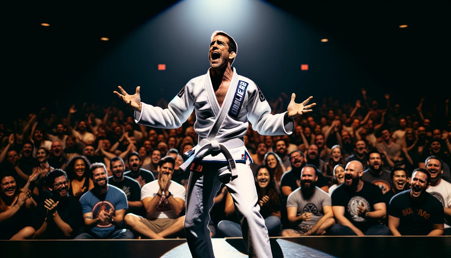 A man in a white Brazilian jiu jitsu gi and matching white belt stands on a stage. He is performing a one-man show, animatedly acting out a scene with expressive hand gestures and a dynamic facial expression. The audience in front is rowdy, cheering and clapping, visibly engaged in the performance. The stage lighting focuses on the man, casting a dramatic shadow behind him. The audience is a mix of men and women of various descents, some standing and clapping, others sitting and laughing. The setting is lively and energetic.