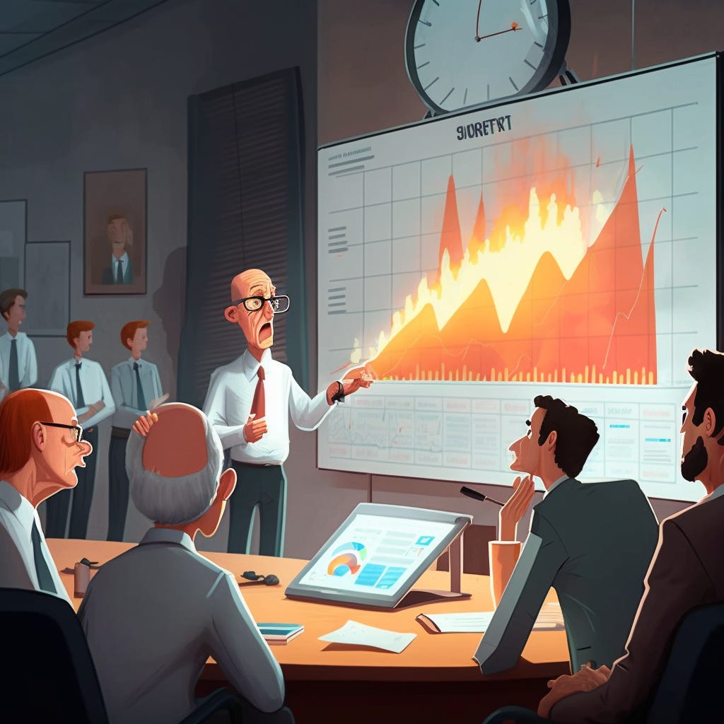A group of executives watching a presentation showing a graph that's on fire