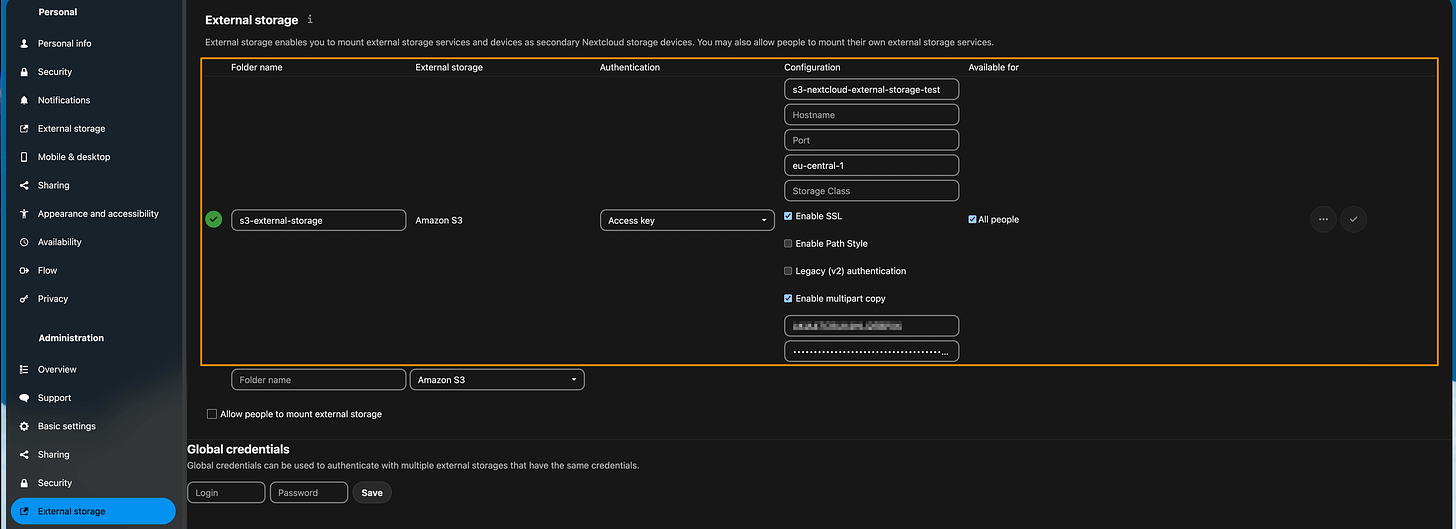 Nextcloud External storage setup page