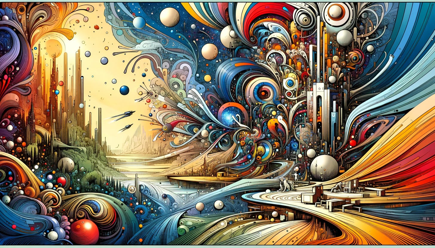 A comic book style, banner-sized illustration that captures the essence of the Fullofit Scale in a singular, abstract representation, without showing distinct levels or using any text. The image should embody the concept of civilizations evolving through humor, paradox, and wonder in a creative and abstract manner. Imagine a scene that combines elements of whimsy, the impossible, and the miraculous in one cohesive visual. This could include surreal landscapes, fantastical creatures, and abstract formations that suggest a civilization thriving on cosmic comedy, paradoxical phenomena, and the joy of exploration. The artwork should inspire a sense of curiosity, amusement, and profound wonder, all woven into the fabric of a universe where the rules are bent in playful and imaginative ways.