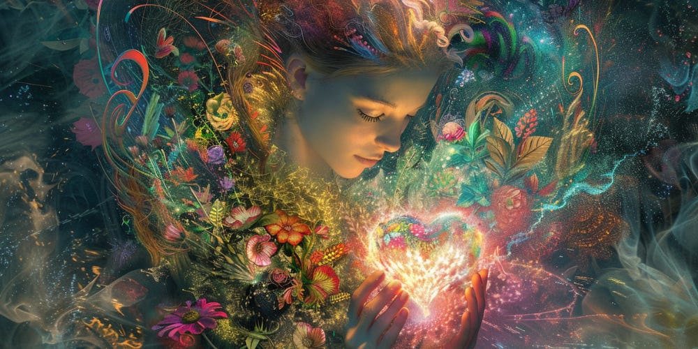 An abstract image of a woman’s face gazing lovingly at a heart made of light that she holds in her hands. She is entirely surrounded by, and seems to be emerging from, an array of botanical elements and magical swirls of light. She is offering this symbol of love to the magic that supports her entire life.