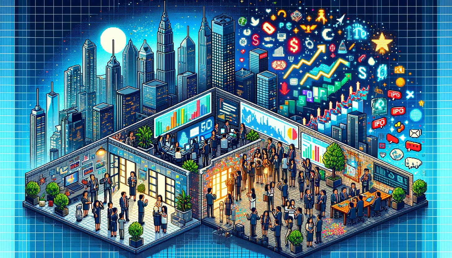 Visualize the journey from startup to IPO in a pixelated art style, depicting various stages of business growth and challenges without any text. Start with a pixelated small office space on the left to symbolize the humble beginnings of a tech company. As the scene transitions to the right, show the office evolving into a bustling, pixelated workspace with diverse employees and innovative technologies, omitting all letters and text. Include elements such as pixelated graphs showing upward trends and investment meetings. Integrate global landmarks and cultural symbols from Asia in a pixelated style to represent international expansion. The rightmost part of the image should display a grand, celebratory scene with pixelated confetti, omitting the banner and text, against the backdrop of a pixelated city skyline illuminated at night, symbolizing the financial success of an IPO.