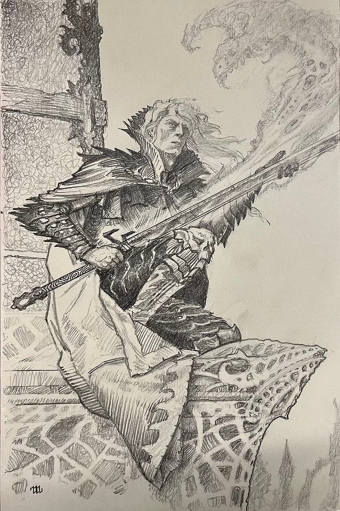 Detailed pencil remarque featuring Elric in black armor and cloak holding the long grip of Stormbringer. As he runs his gloved hand over the rune blade a cloud of demonic faces curls out and back toward him. The setting is reminiscent of ELRIC AND THE SINKING CITY. A tower rises behind him as he crouches at the edge of a platform of intricate detail.