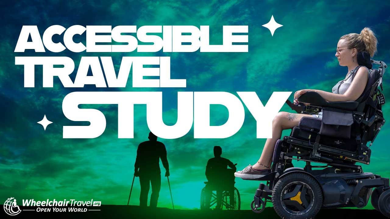 Collage of images of disabled people, including a young woman using a power wheelchair in the foreground, with the words Accessible Travel Study.