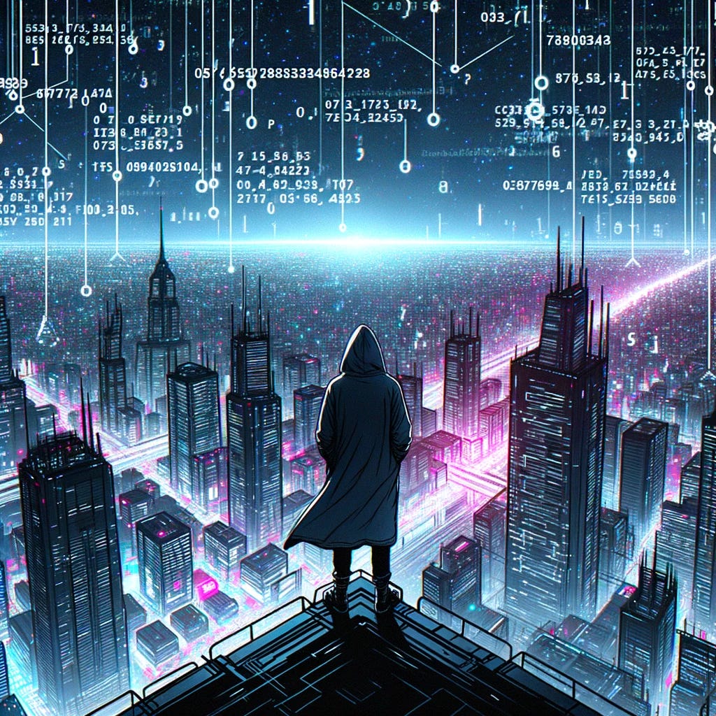 DALLE3: Drawing of a cyberpunk hacker, a person of Hispanic descent, standing atop a futuristic skyscraper overlooking a neon-lit city. The sky is filled with numerical data and algorithms, representing the hacker's thoughts about the future.