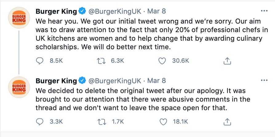 Burger King apologizes for tweet that says "Women belong in the kitchen."