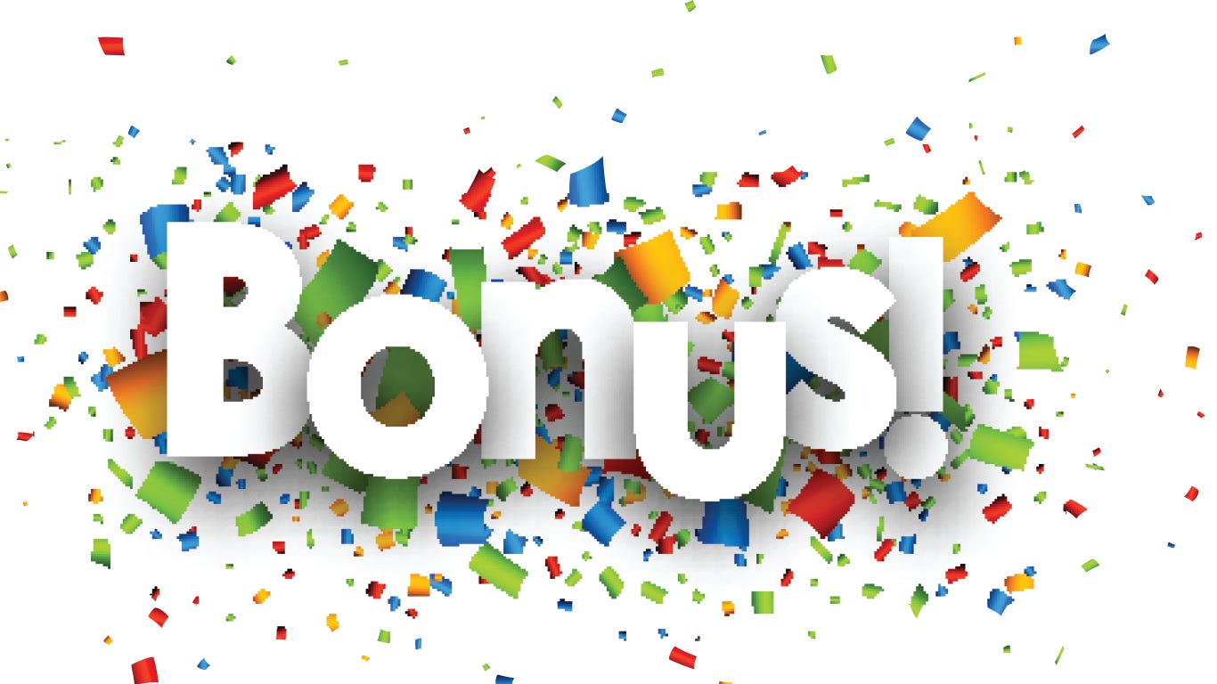 the word "bonus" in white surrounded by colourful confetti