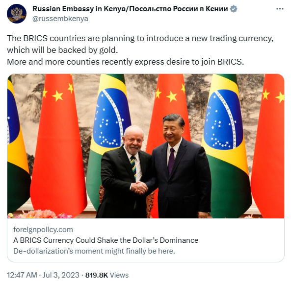 tweet about BRICS by the Russian embassy in Kenya