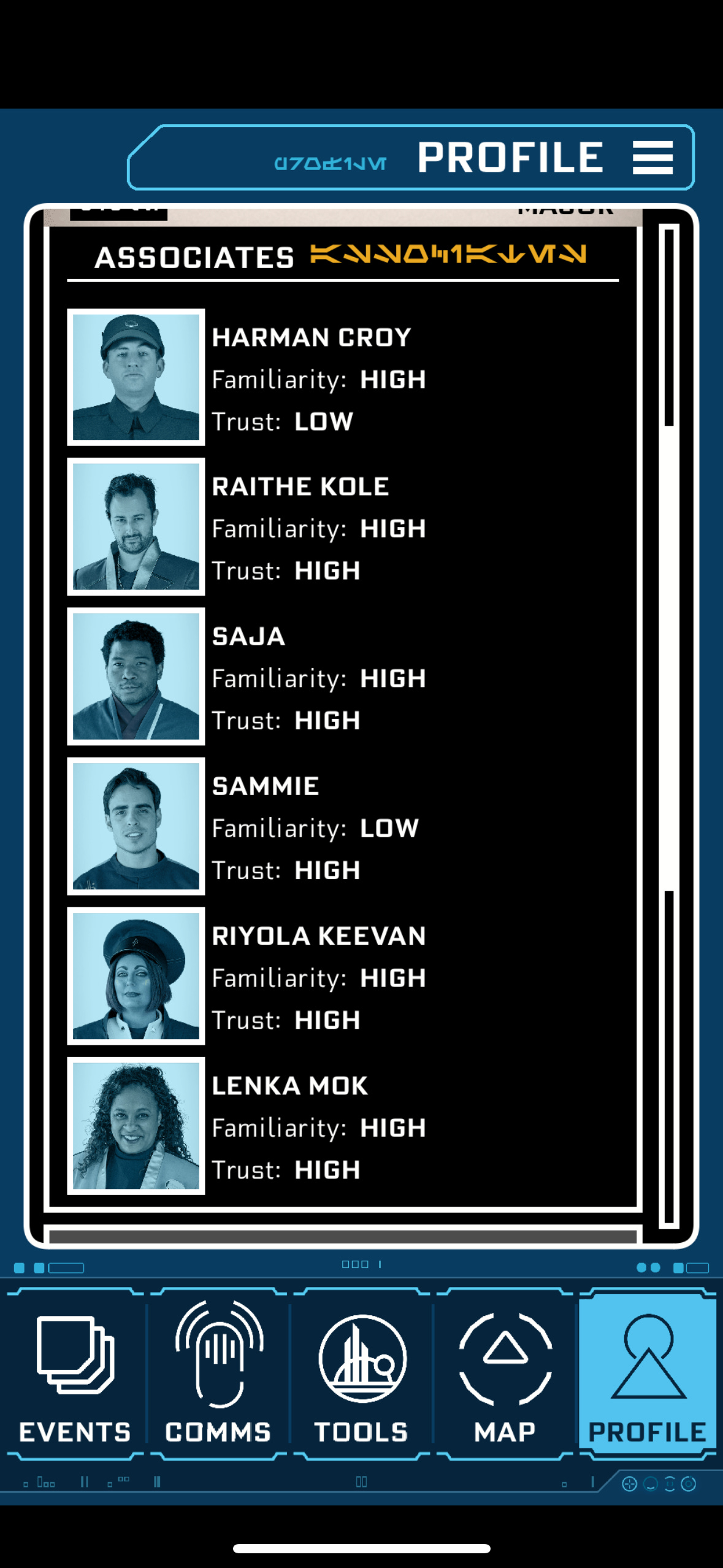 Screenshot of a datapad screen showing the familiarity and trust with characters, as noted in previous paragraph