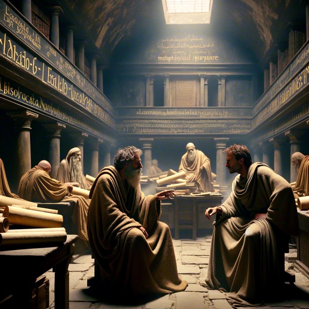 A scene inspired by a Platonic Trialogue between Owen Cox, Daniel Fraga, and Dimitri Crooijmans, depicted as scholars in ancient robes, engaged in intense discussion. They are in a dimly lit cellar filled with ancient manuscripts and scrolls, with visible Arabic inscriptions on the walls. The setting is the Biblioteca Nazionale Marciana in Venice, and the atmosphere is mysterious, hinting at metaphysical warfare themes. The scene captures the essence of a long-lost document from 404 BC, rediscovered in a historical, scholarly environment.