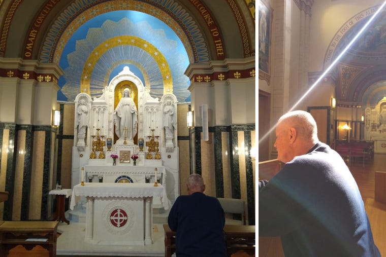 Steve Ringwald prays at the National Shrine of Our Lady of the Miraculous Medal in Perryville, Missouri.