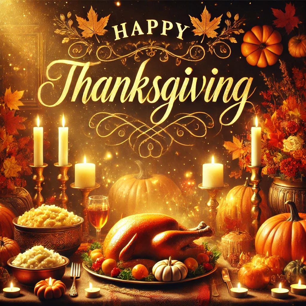 A warm and traditional Thanksgiving meme featuring a golden autumn scene with a large table adorned with a classic Thanksgiving feast: roasted turkey, mashed potatoes, pumpkin pie, and fall decorations like orange and red leaves, pumpkins, and candles. The words 'Happy Thanksgiving' appear in elegant, cursive golden lettering at the top, surrounded by a glowing, festive aura. The atmosphere is cozy and inviting, evoking feelings of gratitude and celebration.