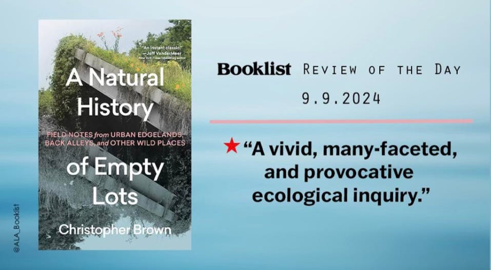 Booklist social media ad featuring starred review of A Natural History of Empty Lots