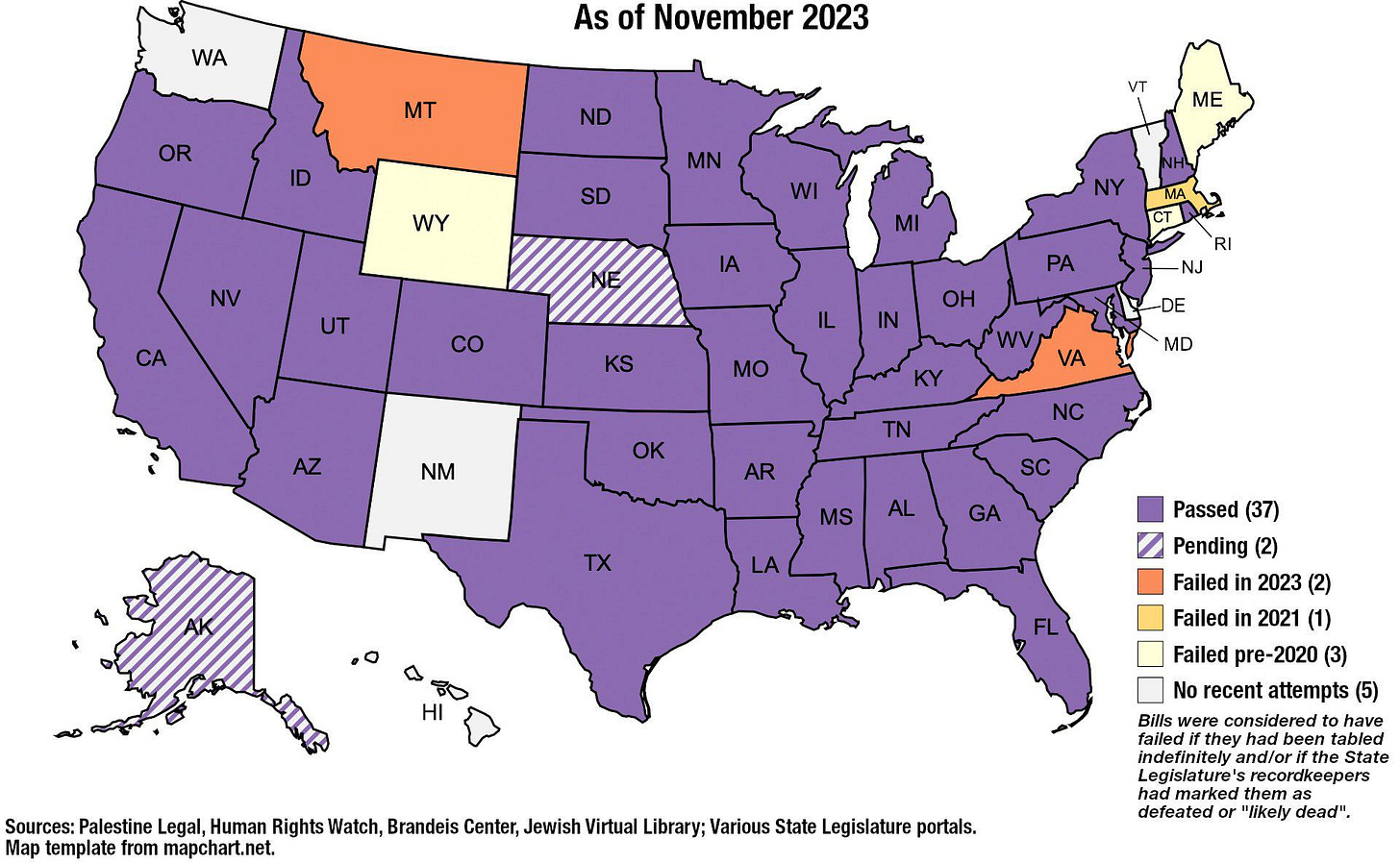 r/MapPorn - States that you can’t boycott or support a boycott of Israel and be employed by the state government - because of anti-BDS laws.